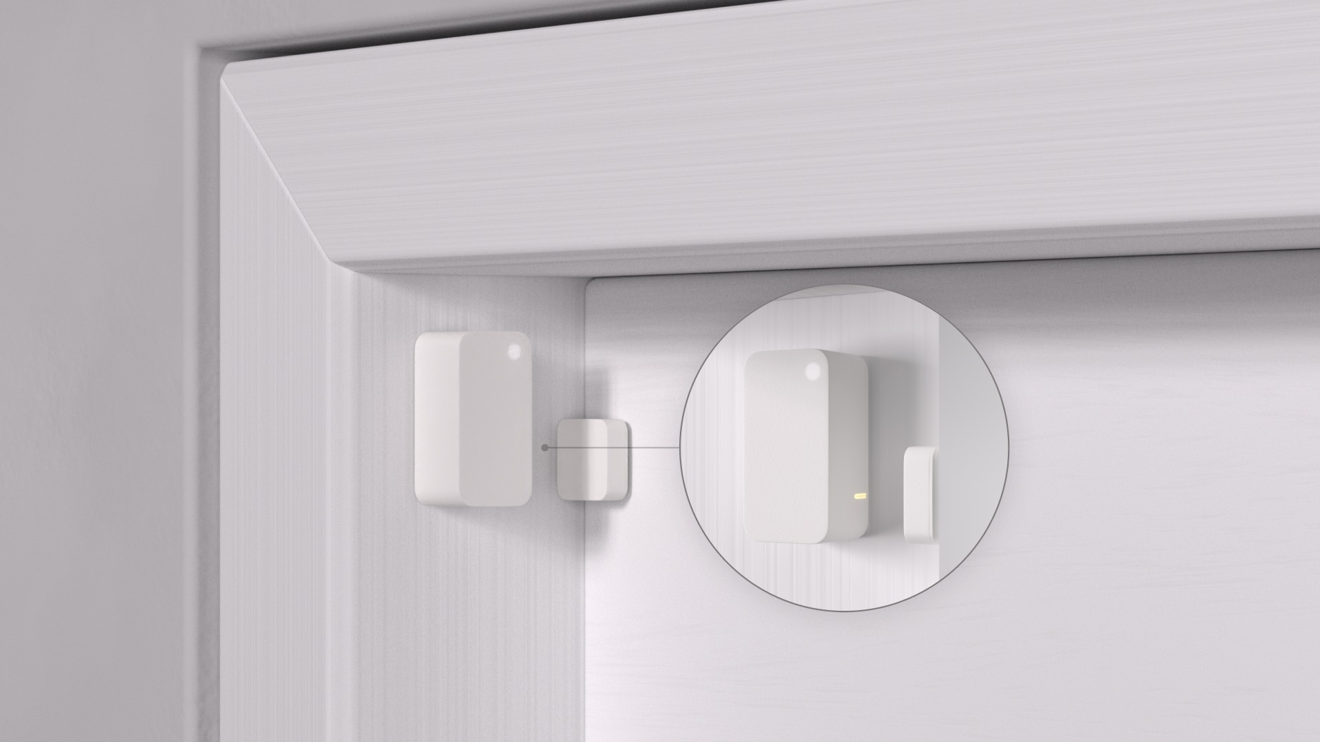 Door Sensor Mounting Example B: If the door opens outwards, the Door Sensor can be applied on the door frame and the Magnet on the door