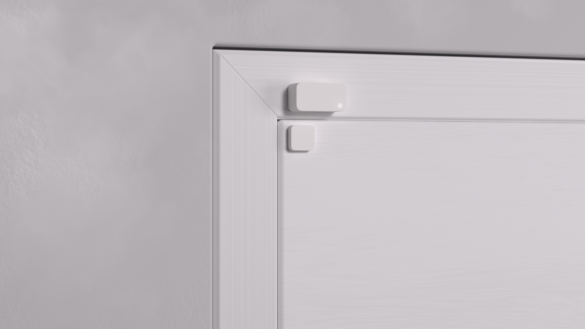 Door Sensor Mounting Example A1.2: If the door and the frame are at the same level, the Door Sensor and the Magnet can be applied parrallel on the top of the door